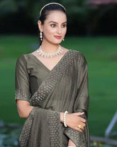 India Silk Grey Sarees Featuring Beautiful Rangoli Patterns Enhanced With Swarovski Work On The Saree And Border